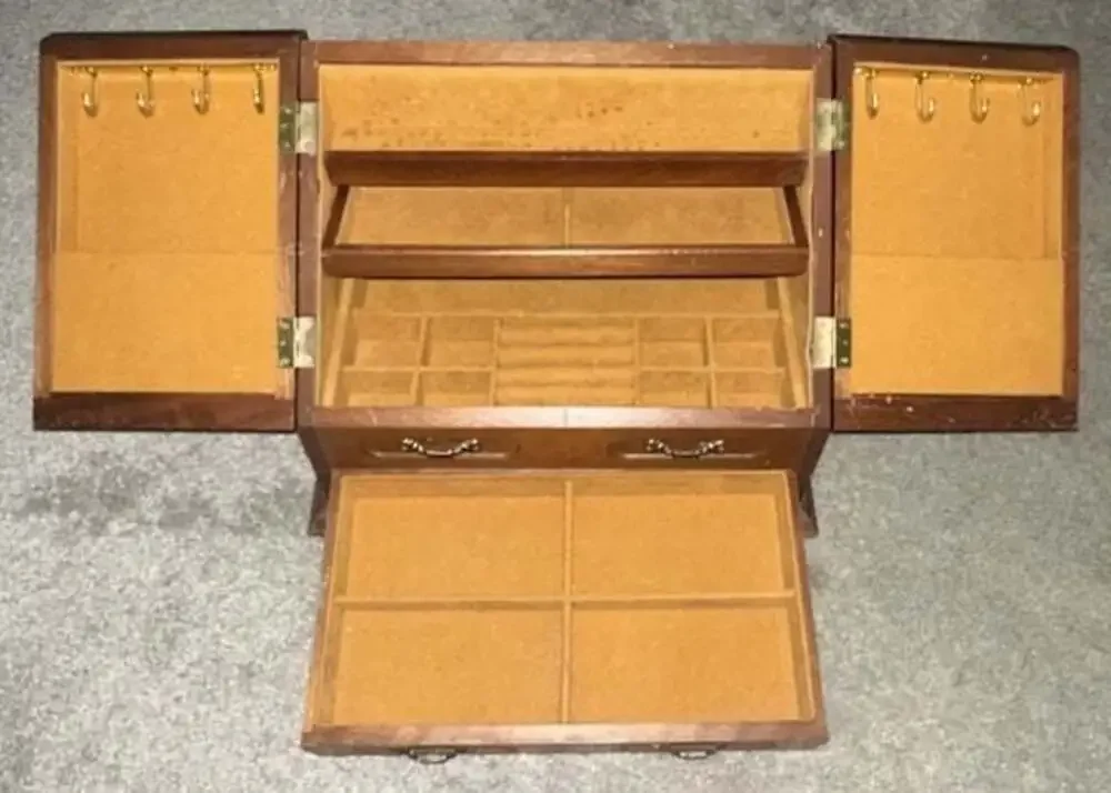 Vintage Wooden Jewelry Armoire Box with Floral Etched Glass Doors